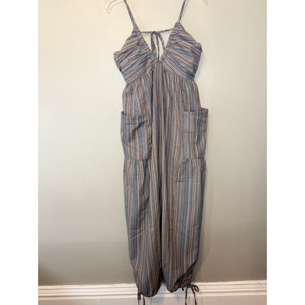 Cupshe Womens Medium M Striped Harem Jumpsuit NWT Blue Tan Boho Linen Tie Ankle